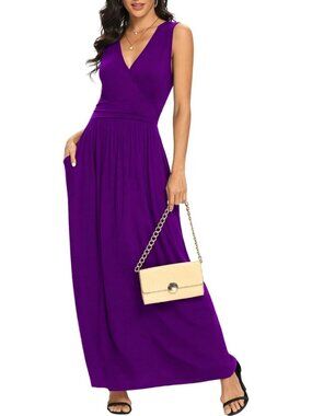 Lilbetter Women's Purple Stylish Sleeveless Deep Loose Plain Maxi Casual Dress